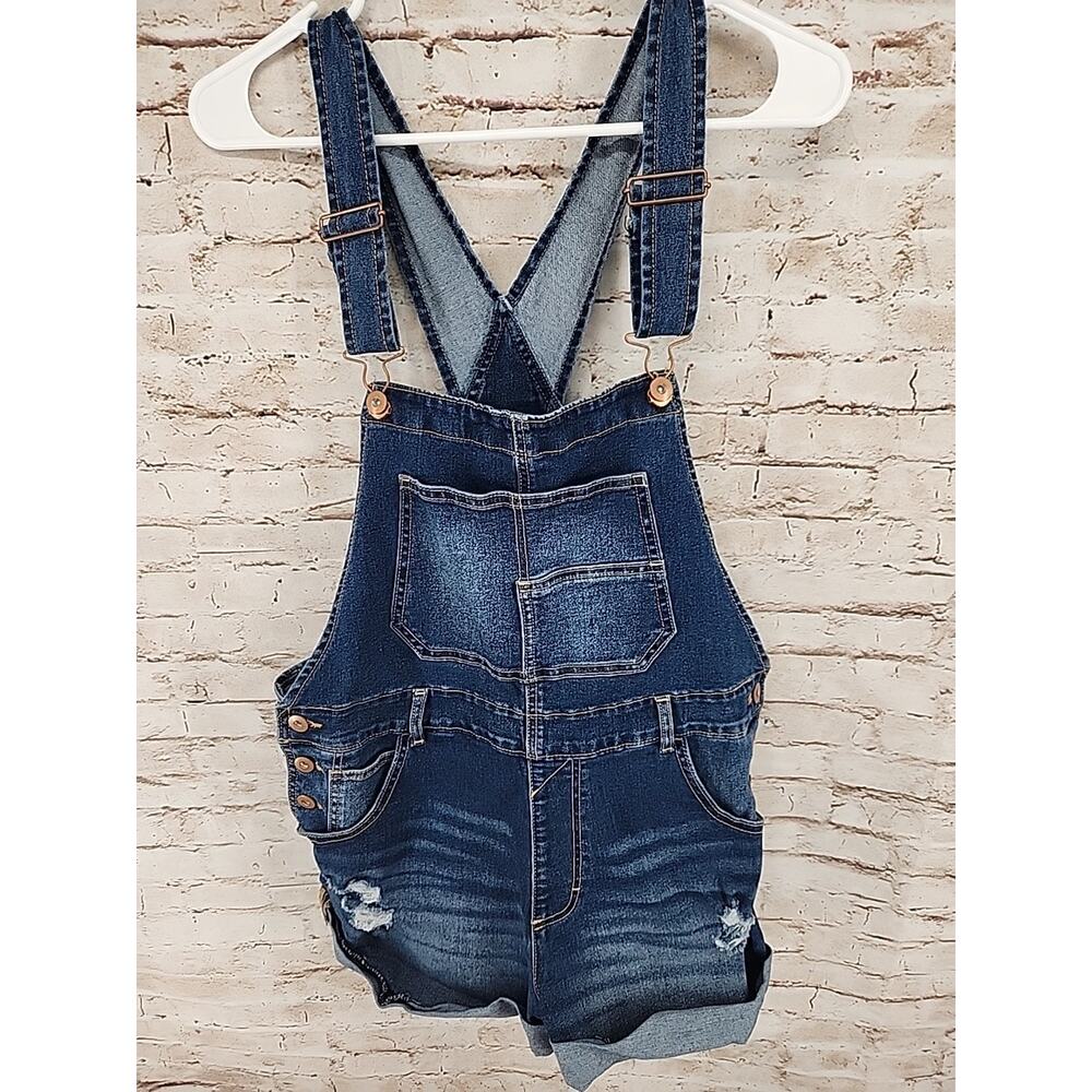 No Boundaries Womens Juniors Distressed Denim Shortalls Large Wash Size Large